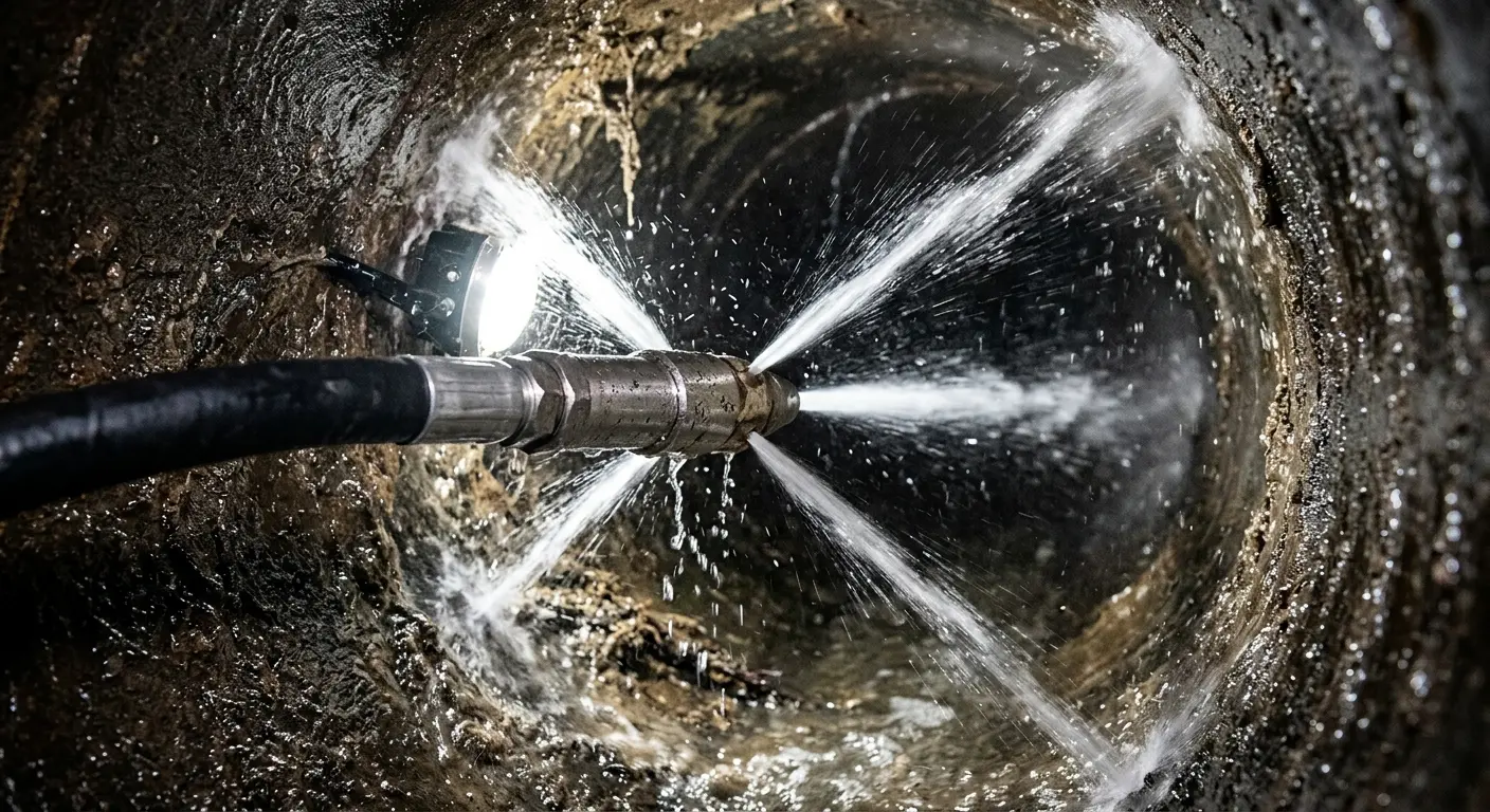 High-pressure hydro jetting nozzle cleaning sewer pipe for Storm Drain Cleaning in Muscatine