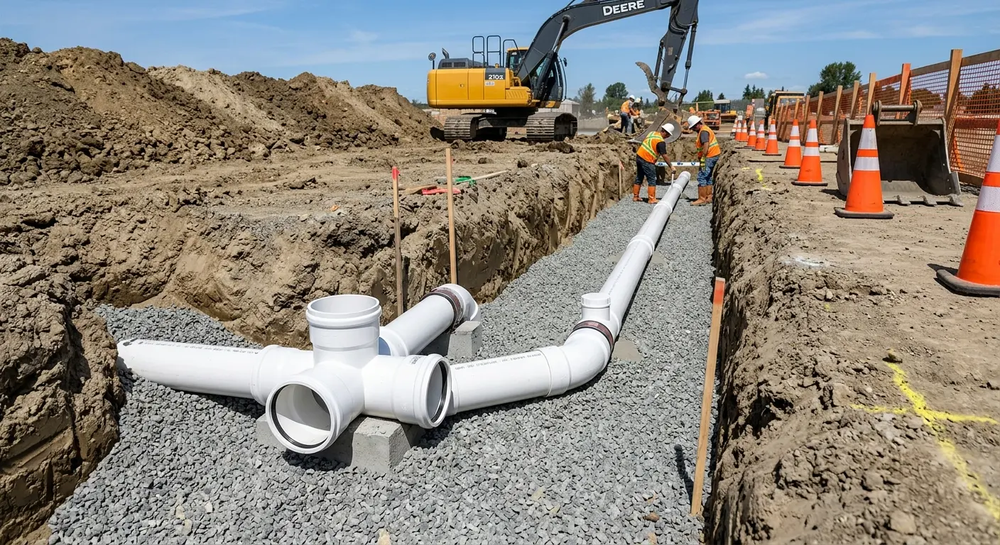 New PVC sewer pipe installation in open trench for Sewer Backup in Muscatine