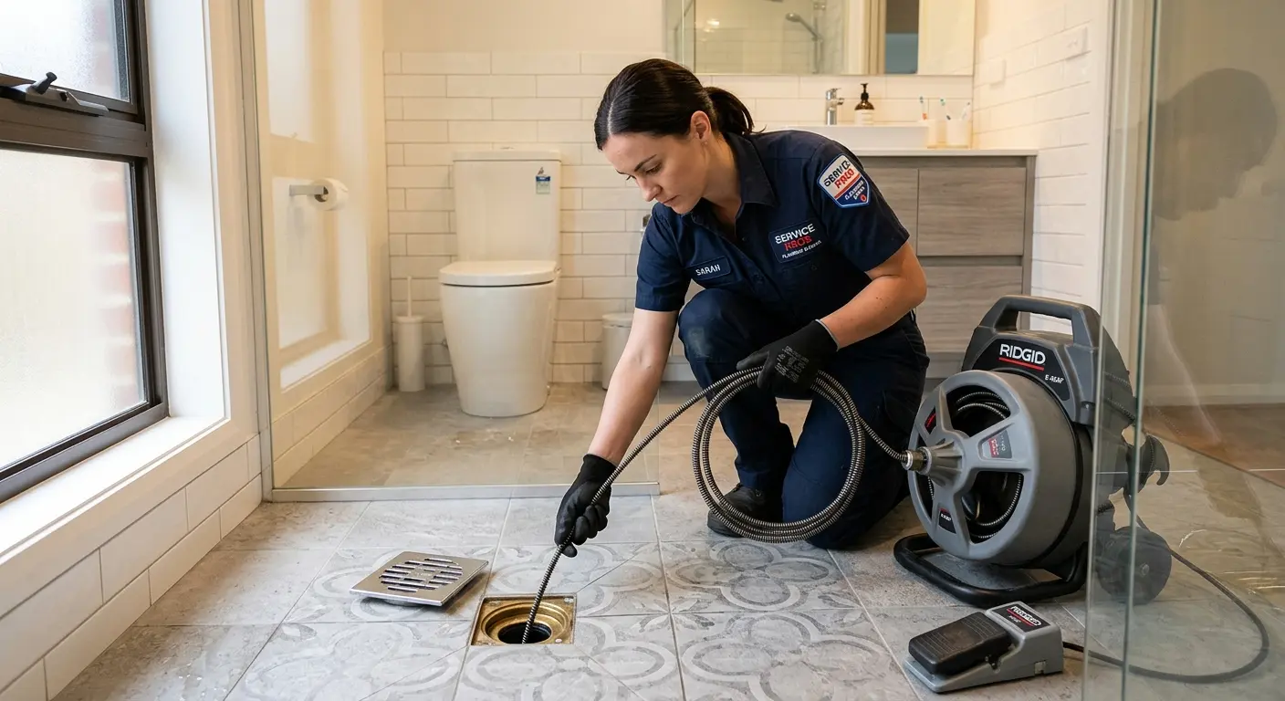 Technician clearing a bathroom floor drain for Hydro Jetting in Muscatine